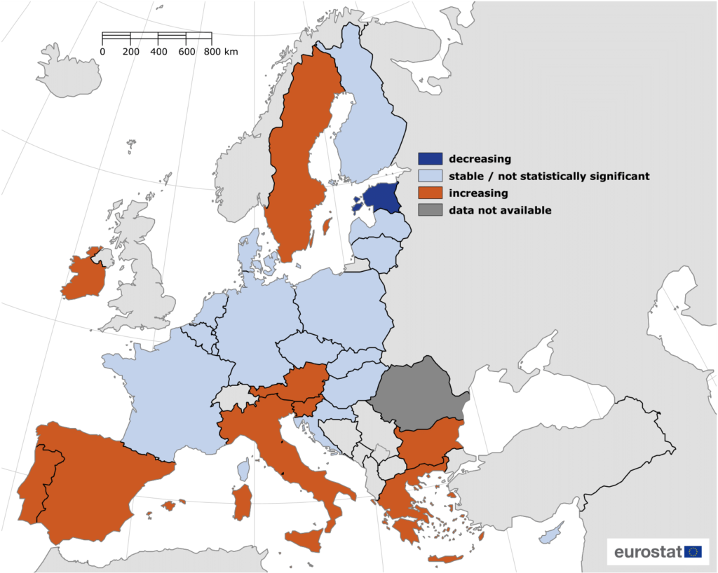 Mappa dell'Europa che riporta le persone a rischio povertà