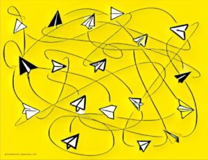 Riagganciarsi foto copertina (Bacicci e Maino) - Un disegno artistico a sfondo giallo con molti aeroplanini di carta che intrecciano i propri percorsi lasciando la propria scia