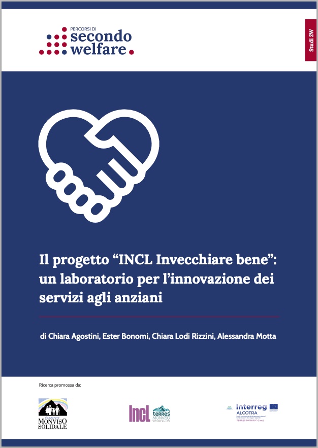 Copertina del rapporto di valutazione di "INCL Invecchiare Bene", progetto realizzato al confine tra Italia e Francia per affrontare le fragilità socio-sanitarie di persone anziane che vivono in montagna. La valutazione è stata curata da Percorsi di secondo welfare.