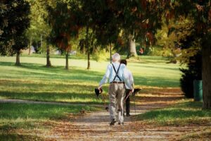 L'immagine mostra due persone anziane passeggiare in un parco.