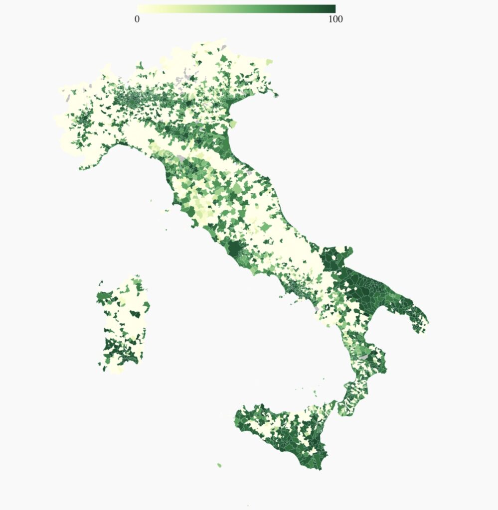 Percentuale di famiglie raggiunte dalla rete fissa con velocità di download pari a 30 Mbps o superiore (2019)