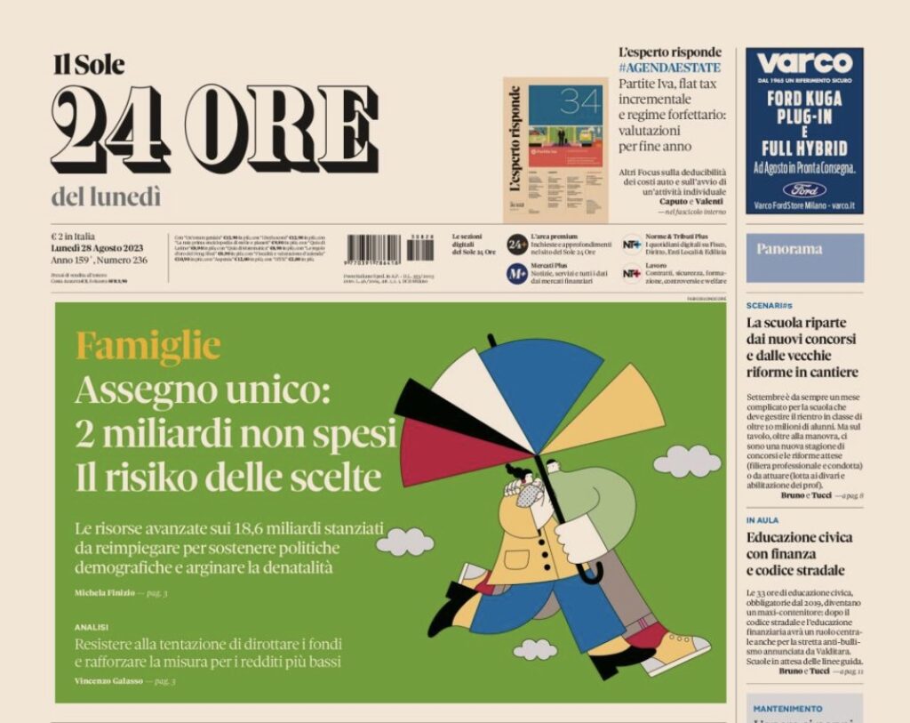 La prima pagina del Sole 24 Ore del 28 agosto 2023