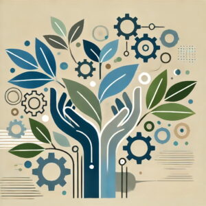 Mani e foglie che crescono in mezzo a ingranaggi: immagine di copertina di un articolo di Secondo Welfare sullo sviluppo dell’economia sociale a livello internazionale, europeo e italiano.