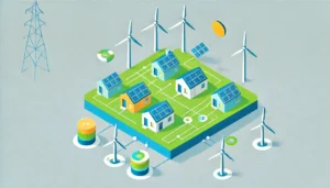Immagine generata con DALL·E di OpenAI su prompt di Secondo Welfare e utilizzata come immagine di copertina di un articolo di Percorsi di secondo welfare su i rapporti tra Comunità energetiche rinnovabili e processi di community building.