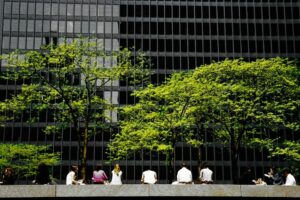 persone sedute sulla panchina vicino agli alberi verdi difronte a edifici. Immagine di copertina di un articolo di Percorsi di secondo welfare sulla sostenibilità sociale d'impresa vista come la chiave per una crescita competitiva e responsabile