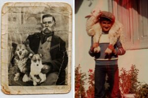 A sinistra, Gonnoscodina, 1950 circa: Orrù Fortunato con i suoi cagnolini. A destra, Gonnoscodina, 1977: Piras Zenio nel giardino di casa in posa con un agnellino - Foto: Riverrun