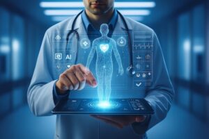 Un medico guarda un tablet e analizza un caso clinico grazie all'uso dell'intelligenza artificiale. Immagine di copertina di un articolo di Percorsi di secondo welfare sull'uso dell'intelligenza artificiale in campo medico: stimolo a migliorarsi e personalizzare le cure