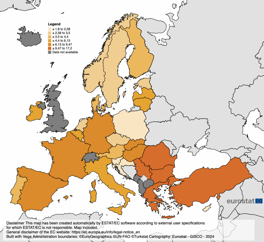 Il tasso di grave deprivazione materiale e sociale in Europa nel 2024 - Mappa: Eurostat