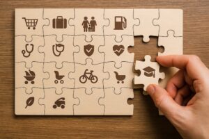 Una mano compone un puzzle i cui pezzi sono simboli che richiamano le aree del welfare aziendale. Immagine di copertina di un articolo di Percorsi di secondo welfare sulle nuove misure di welfare aziendale allo studio del governo, come buoni pasto, indennità di trasferta e fringe benefit