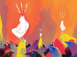 immagine artistica di galli che cantano. Immagine di copertina di un articolo di Percorsi di Secondo Welfare dedicato al numero di Fondazioni, la rivista di Acri, sul progetto GenP che premia l'attivismo delle nuove generazioni