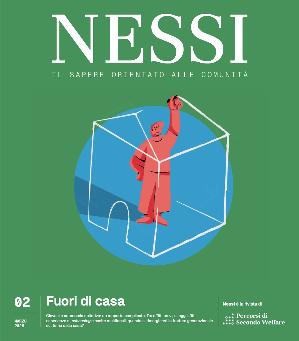 Un omino stilizzato disegna una casa intorno a sè. Immagine di copertina del secondo numero di Nessi, la rivista di Percorsi di Secondo Welfare, dedicata al rapporto tra giovani e abitare