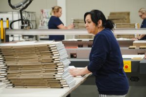 Donna che lavora in una fabbrica. immagine di copertina di un articolo di Percorsi di Secondo Welfare sul welfare aziendale nelle filiere manifatturiere del Mezzogiorno