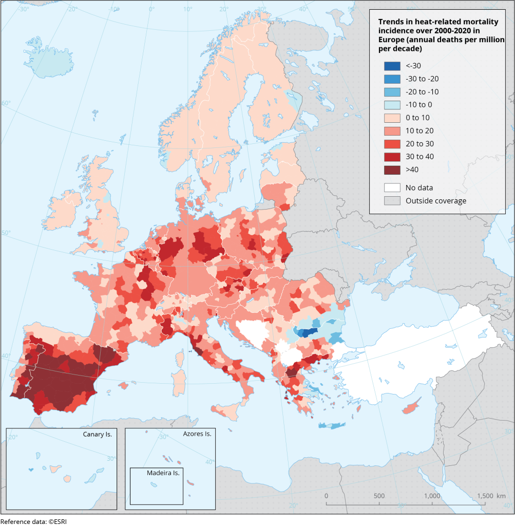 Andamento dell'incidenza della mortalità correlata al caldo in Europa Decessi annuali per milione di abitanti per decennio nella popolazione generale, 2000-2020. EEA, settembre 2025